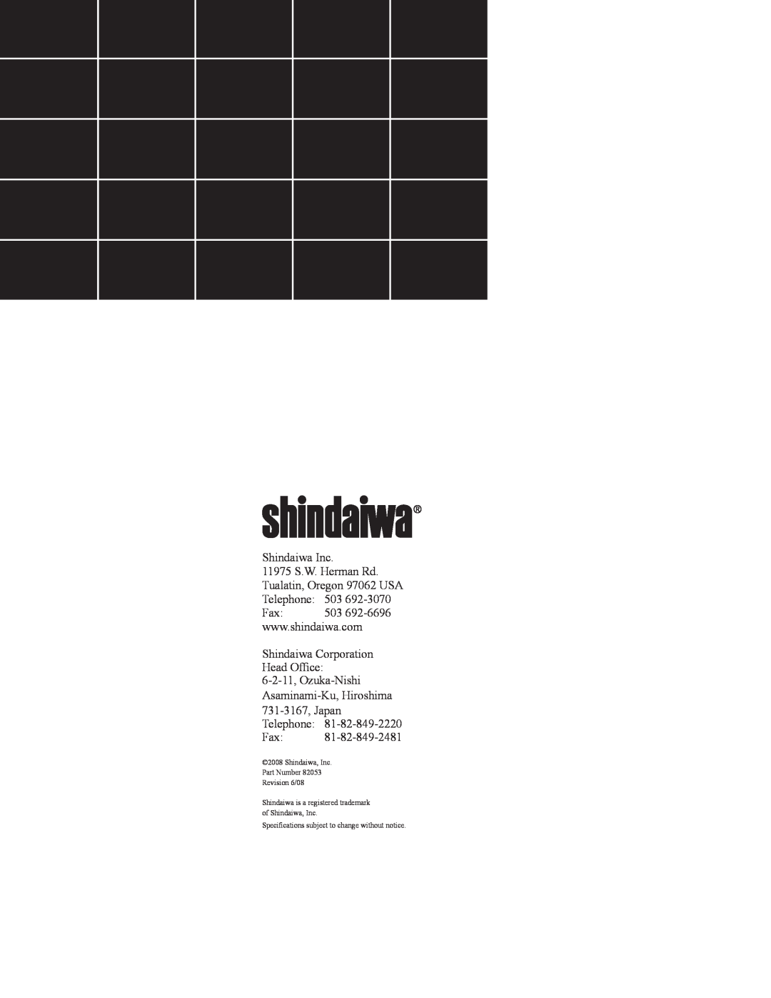 Shindaiwa DH212, 82053 manual Shindaiwa Inc 