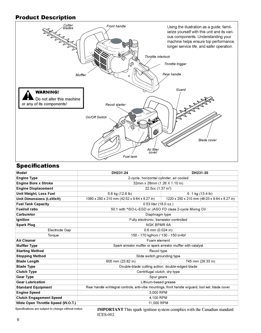 Shindaiwa DH231, X7502863800 manual Product Description, Specifications 