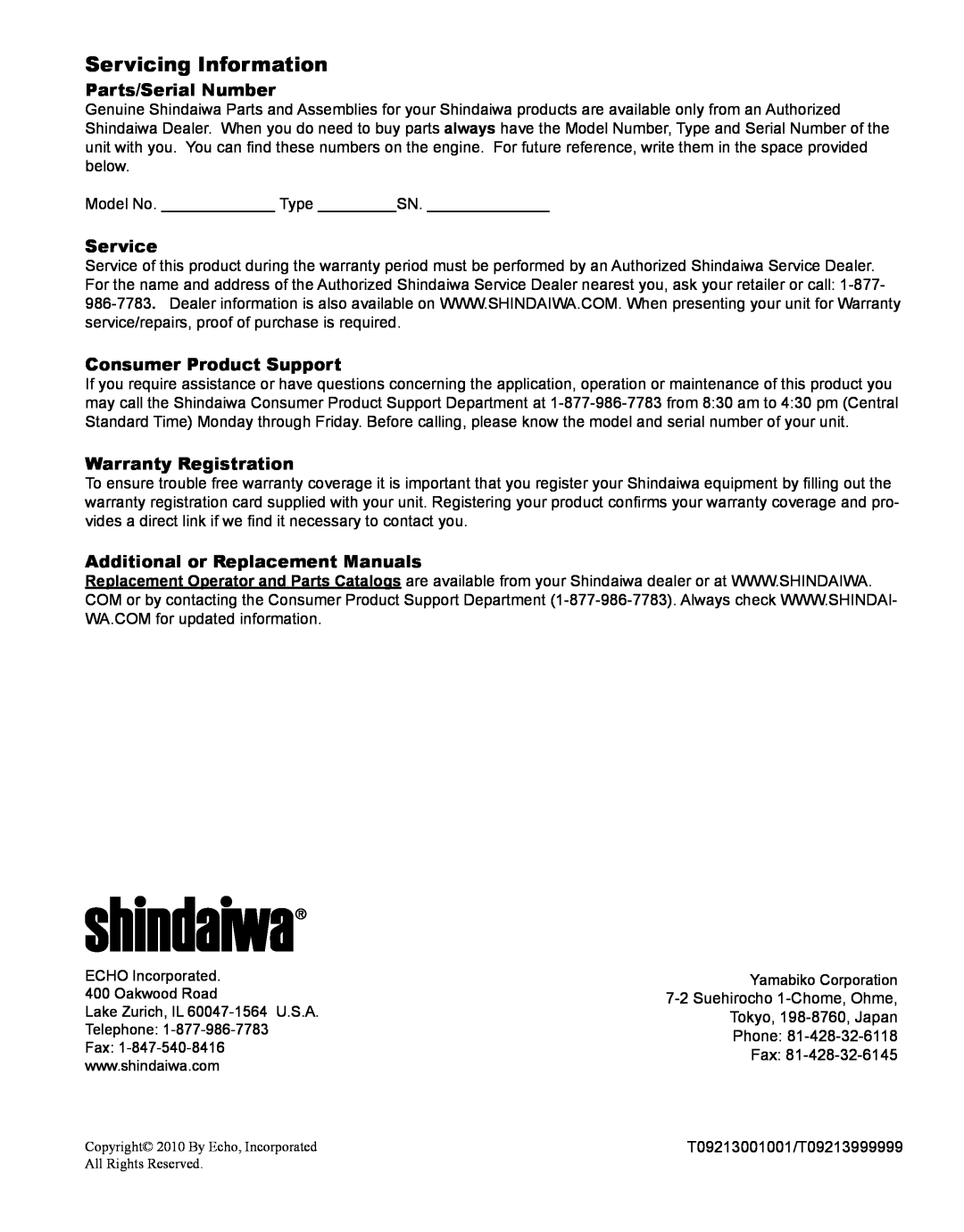 Shindaiwa DH231 manual Servicing Information, Parts/Serial Number, Service, Consumer Product Support, Warranty Registration 