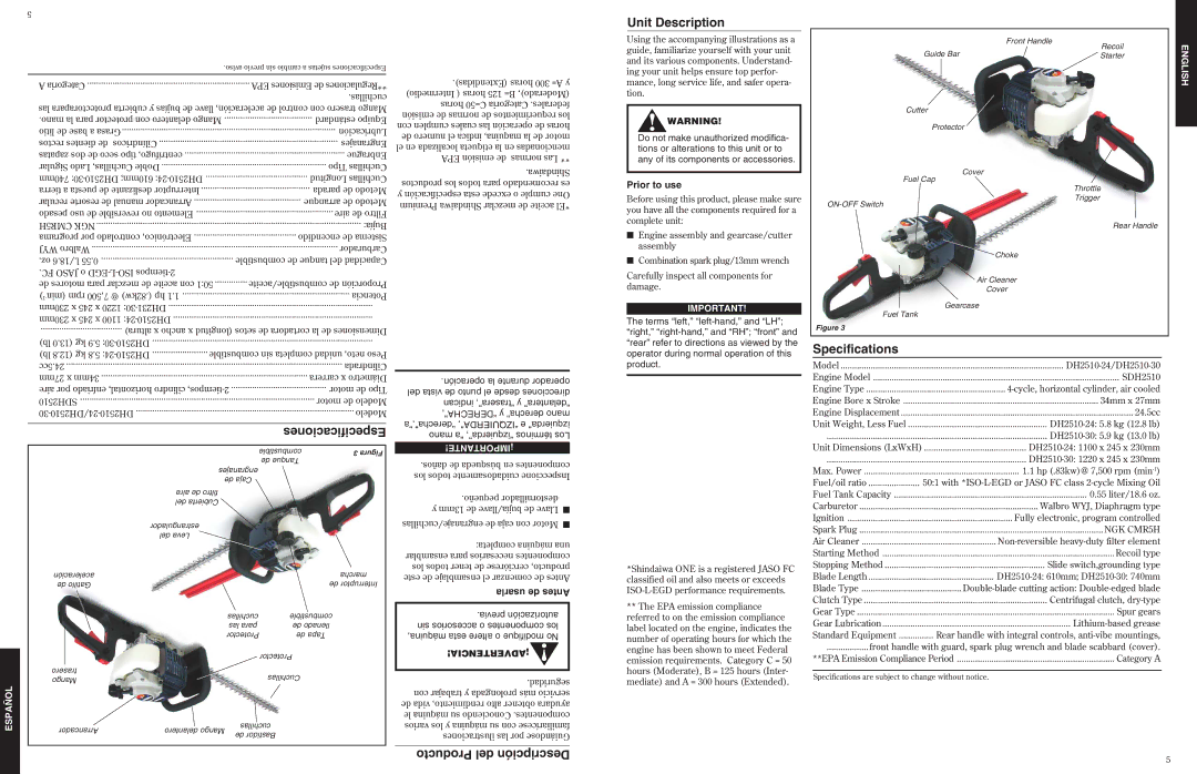 Shindaiwa 80844, DH2510 manual Unit Description, Especificaciones, Specifications, Producto del Descripción 