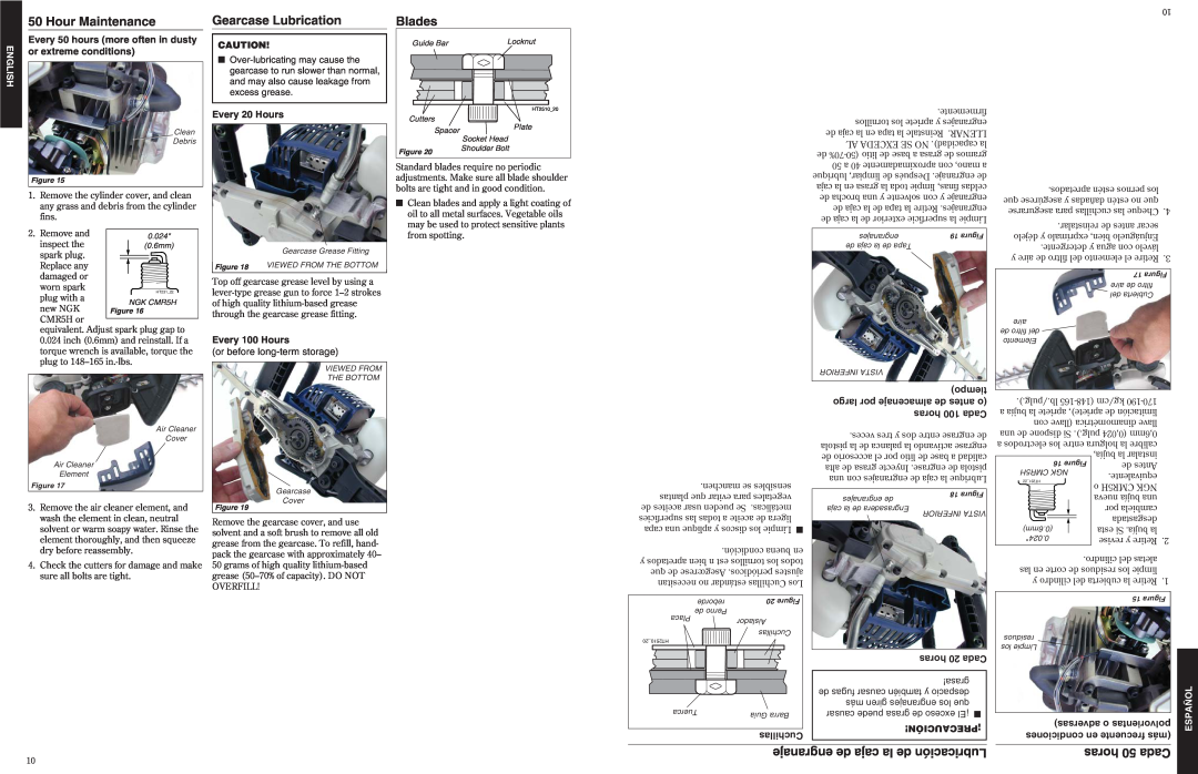 Shindaiwa DH2510 Hour Maintenance, Gearcase Lubrication, engranaje de caja la de Lubricación, horas 50 Cada, horas 20 Cada 