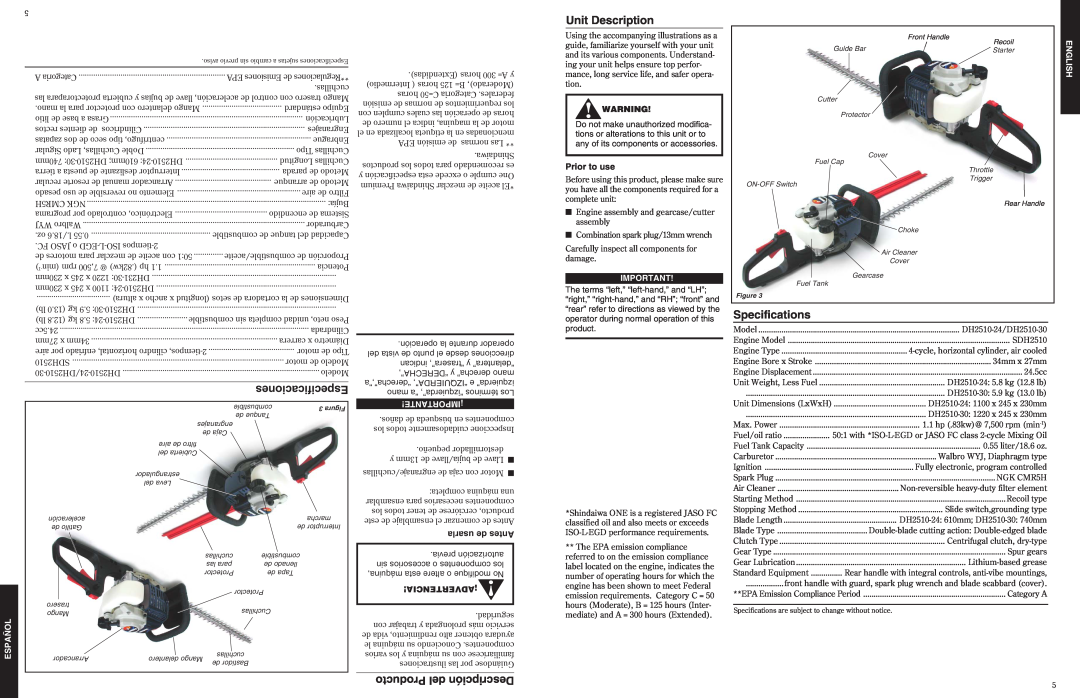 Shindaiwa 80844 Unit Description, Especificaciones, Specifications, Producto del Descripción, usarla de Antes, Español 