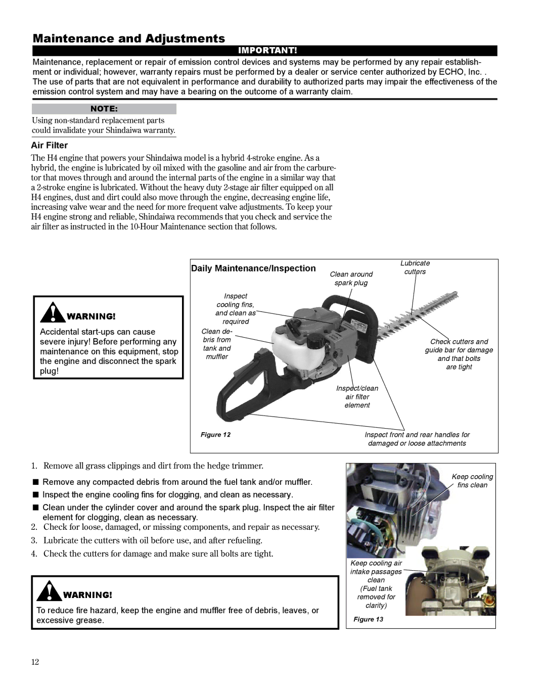 Shindaiwa DH254, X7502864301 manual Maintenance and Adjustments, Air Filter, Daily Maintenance/Inspection 