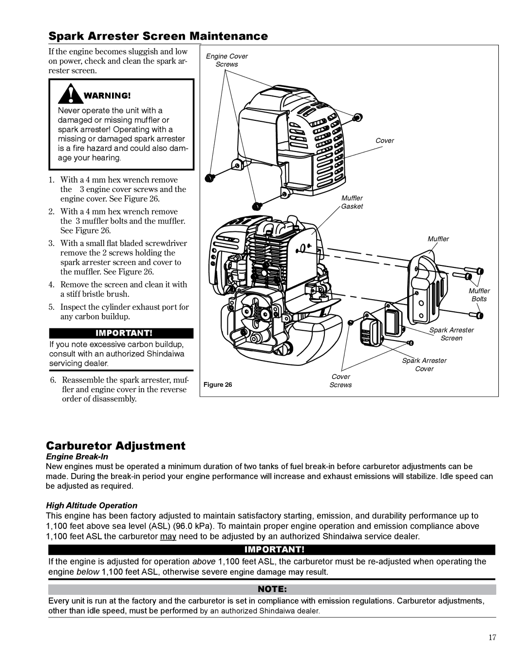 Shindaiwa X7502864301, DH254 manual Spark Arrester Screen Maintenance, Carburetor Adjustment 