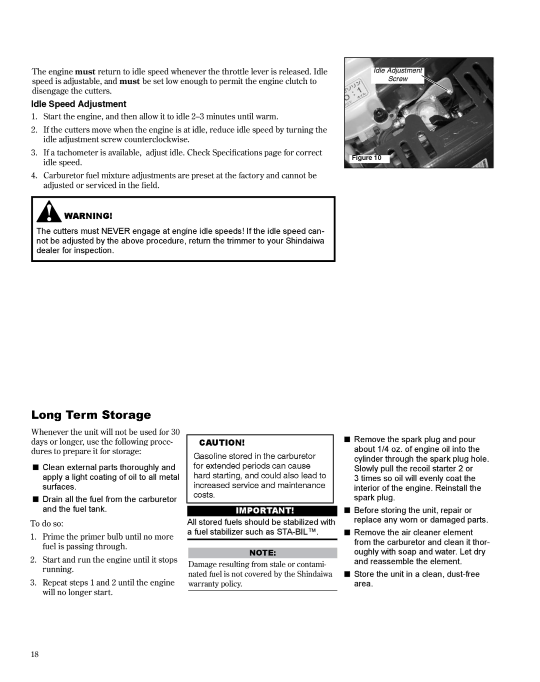 Shindaiwa DH254, X7502864301 manual Long Term Storage, Idle Speed Adjustment 