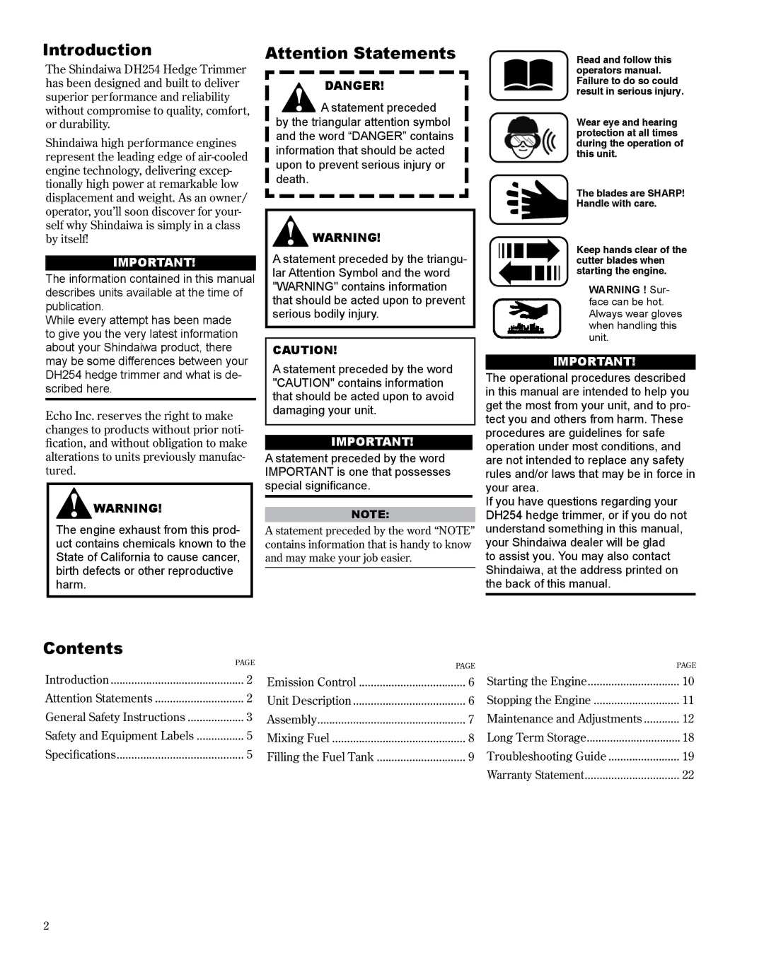 Shindaiwa DH254, X7502864301 manual Introduction, Contents 