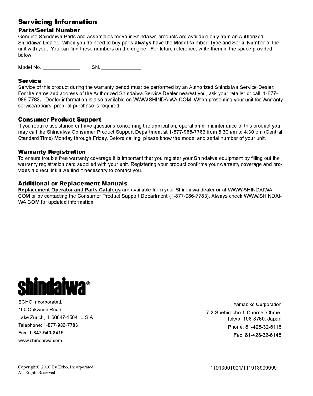 Shindaiwa DH254, X7502864301 manual Servicing Information, Parts/Serial Number 