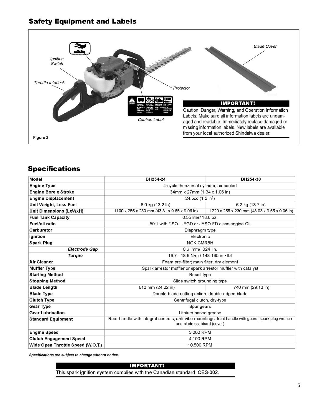 Shindaiwa X7502864301, DH254 manual Safety Equipment and Labels, Specifications 