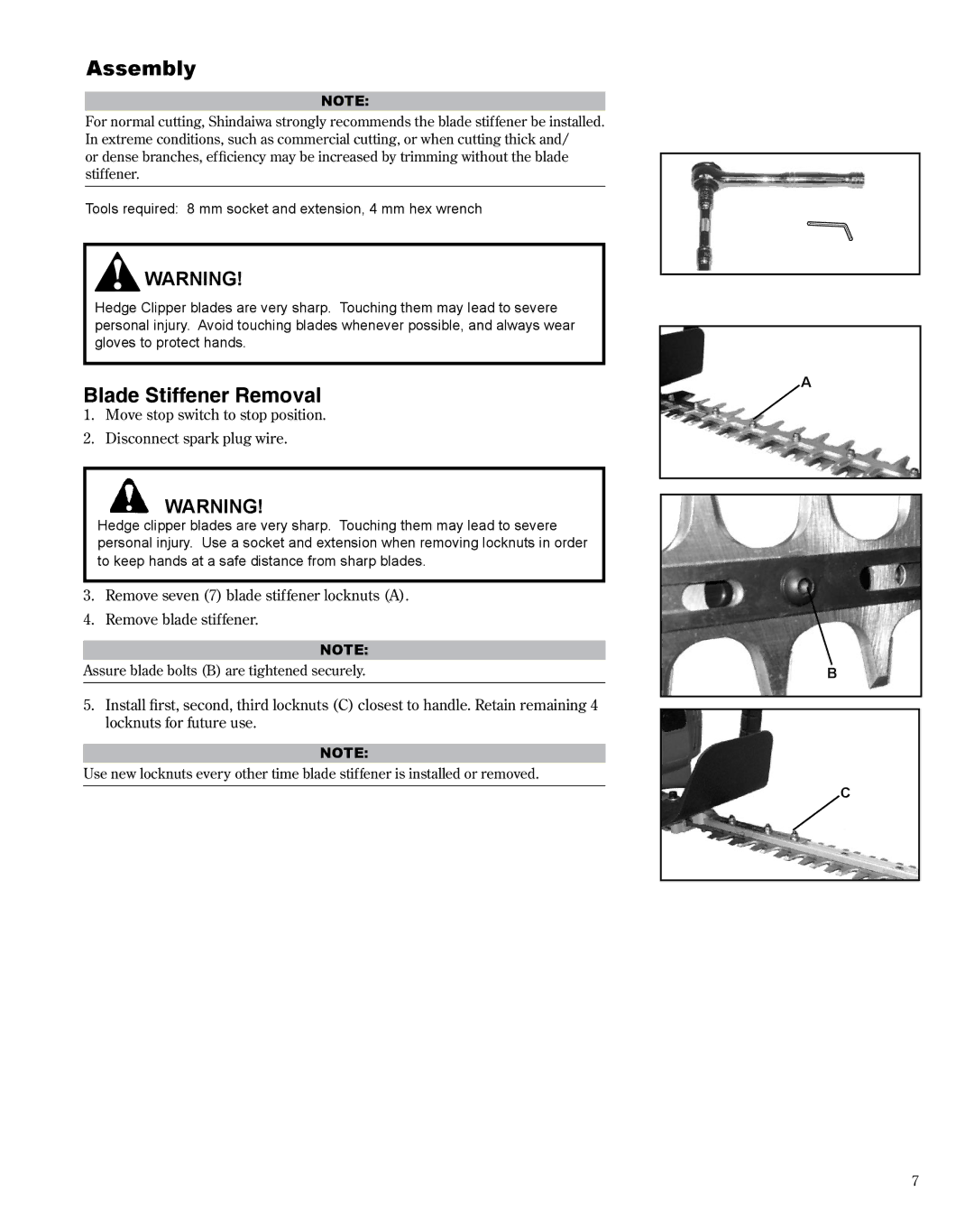 Shindaiwa X7502864301, DH254 manual Assembly, Blade Stiffener Removal 