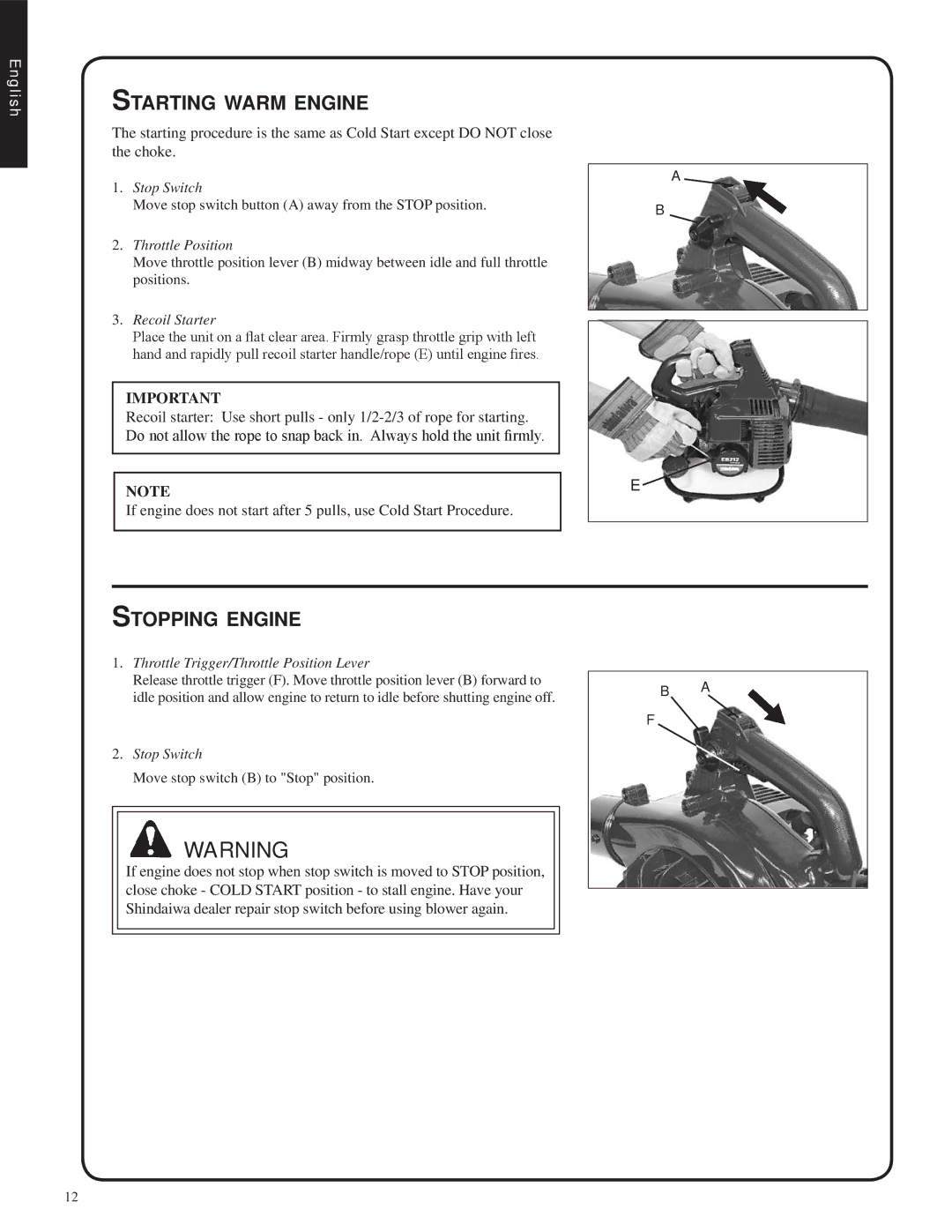 Shindaiwa EB212, 82051 manual Starting warm engine, Stopping engine 