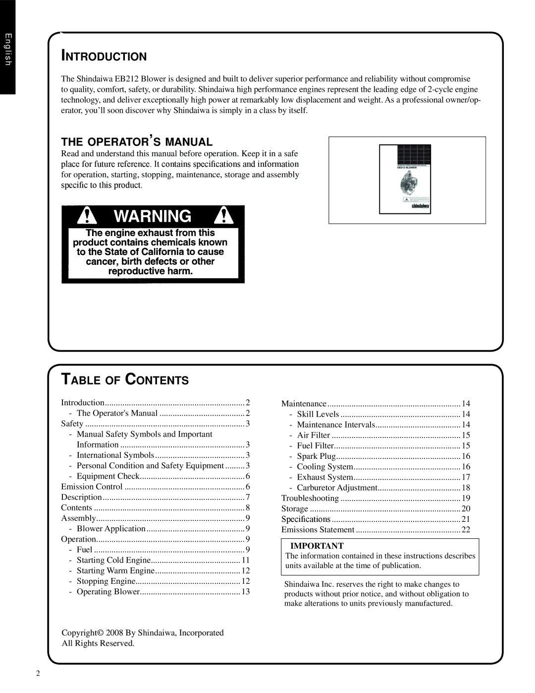 Shindaiwa EB212, 82051 Introduction, Operator’s manual, Table of Contents 