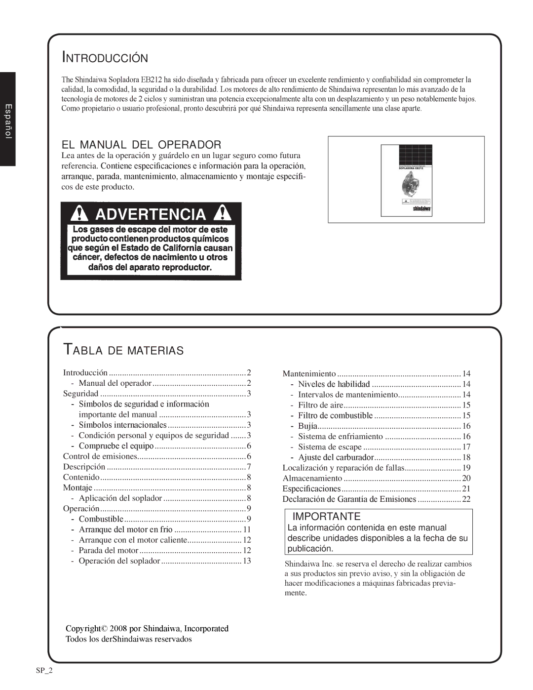 Shindaiwa EB212, 82051 Introducción, El manual del operador, Tabla de materias 