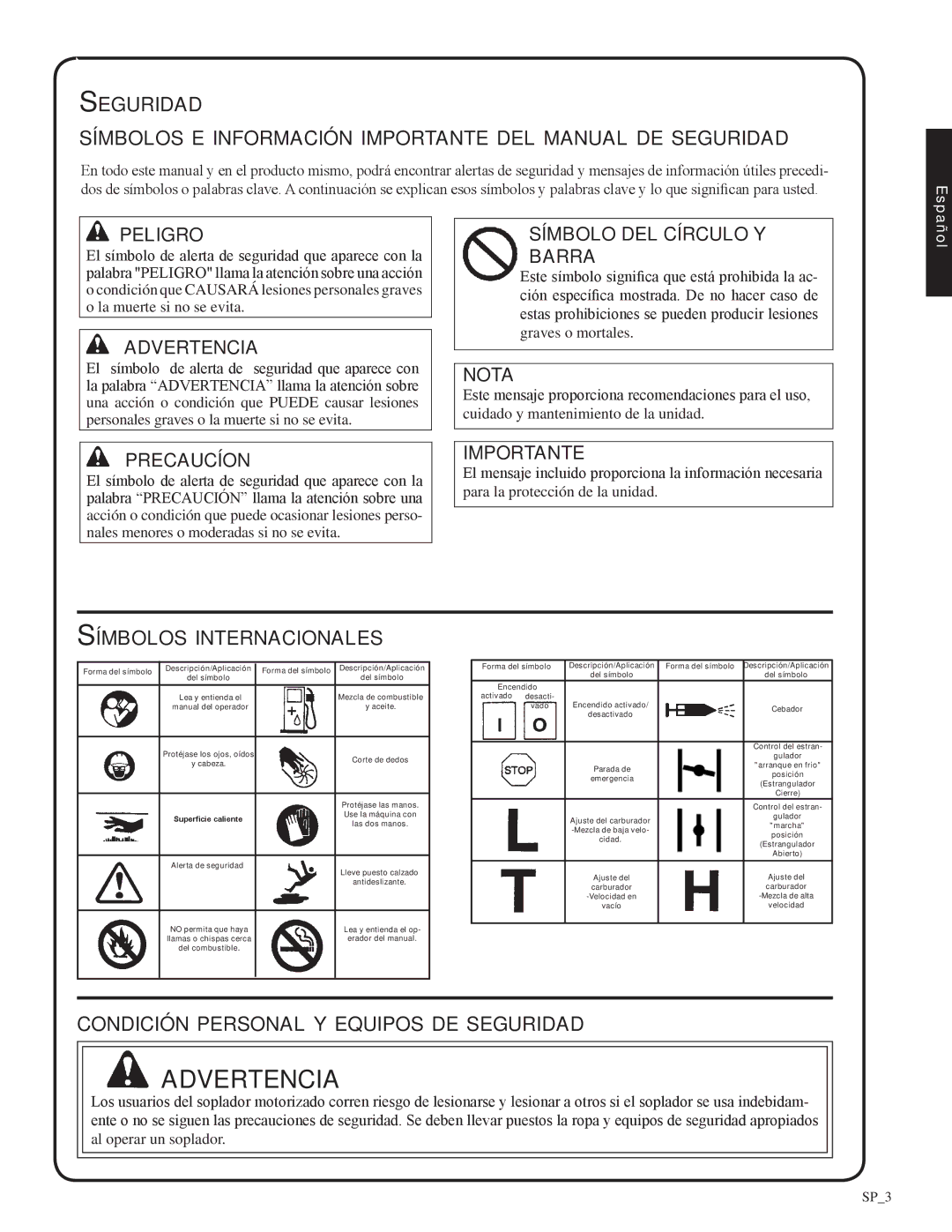 Shindaiwa 82051, EB212 manual Símbolos internacionales, Condición personal y equipos de seguridad 