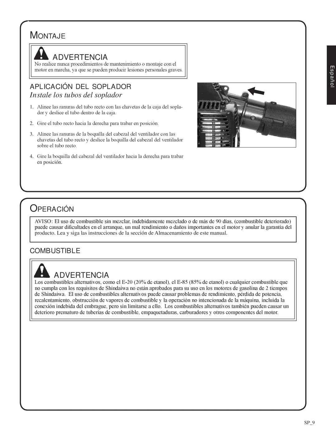 Shindaiwa 82051, EB212 manual Instale los tubos del soplador, Montaje, Aplicación del soplador, Operación, Combustible 