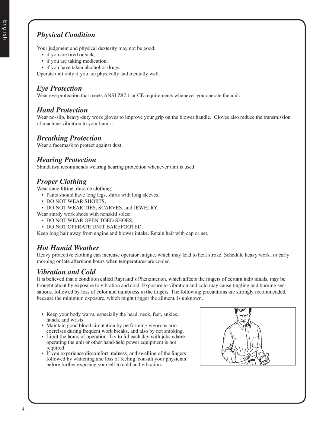 Shindaiwa EB212, 82051 manual Physical Condition, Eye Protection, Hand Protection, Breathing Protection, Hearing Protection 