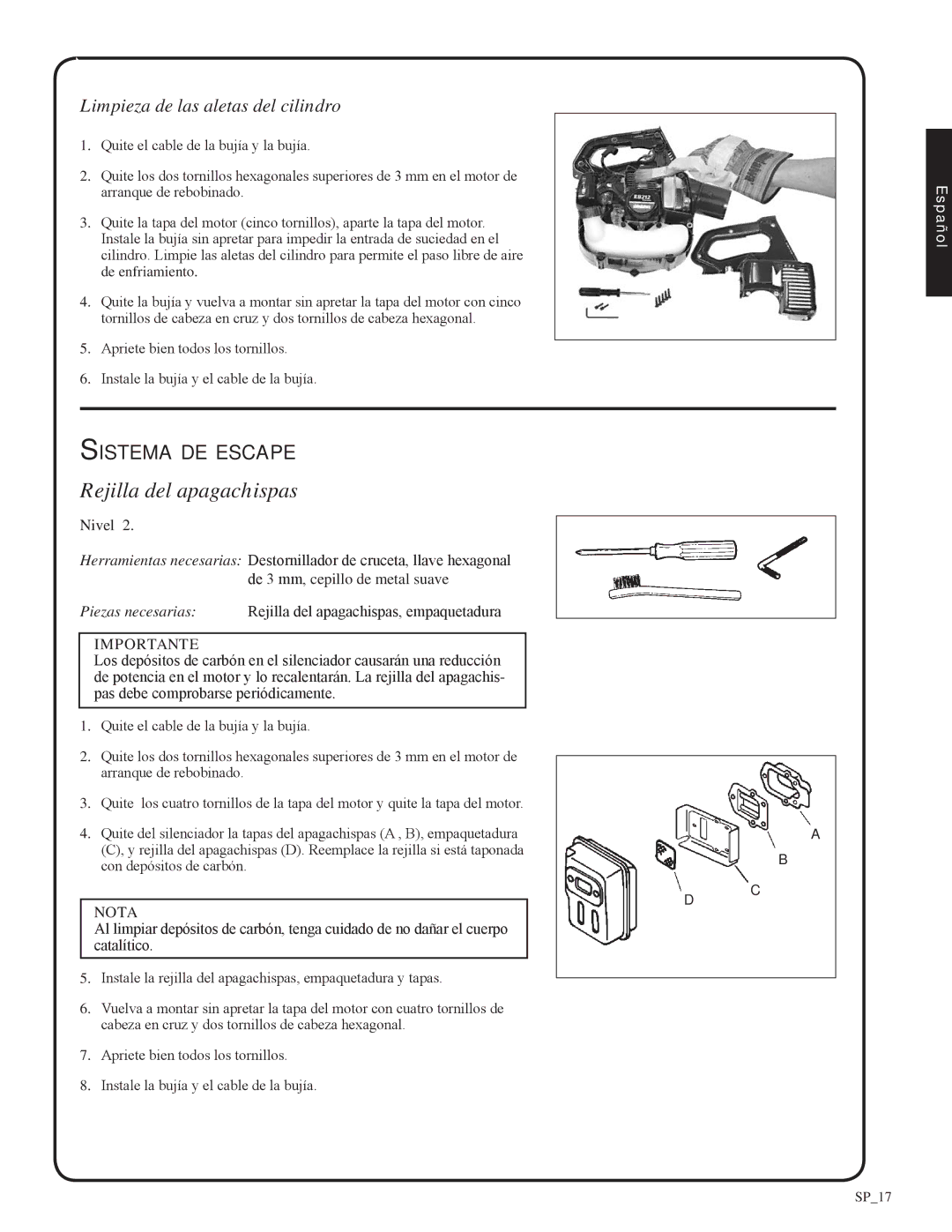 Shindaiwa 82051, EB212 manual Rejilla del apagachispas, Sistema de escape 