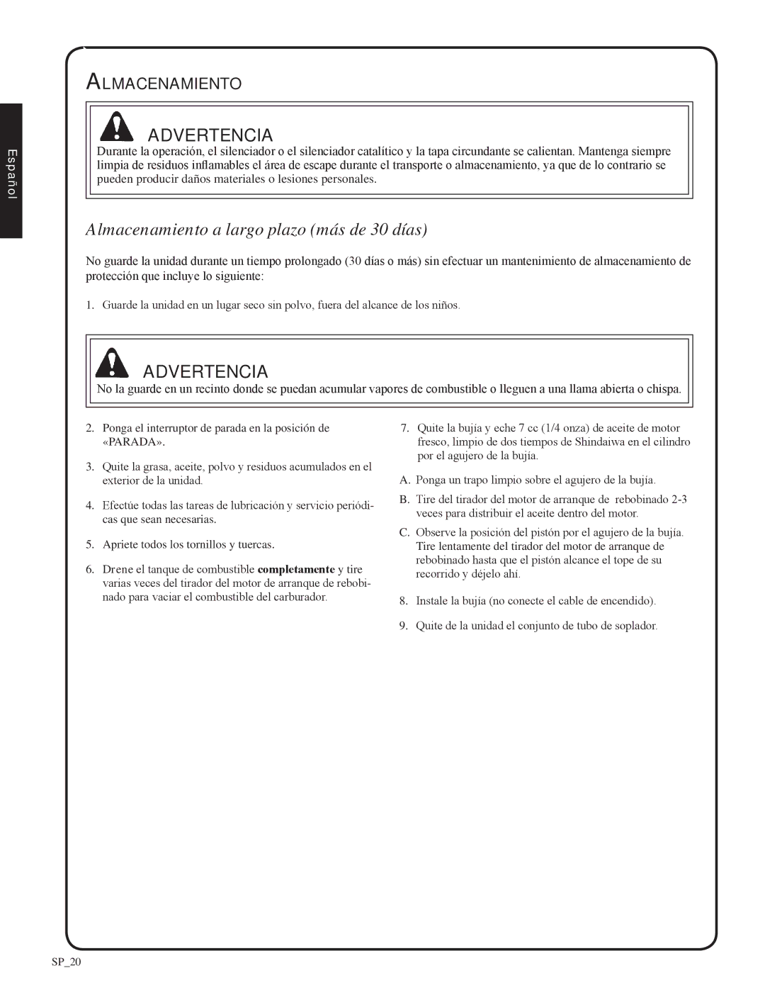 Shindaiwa EB212, 82051 manual Almacenamiento a largo plazo más de 30 días 