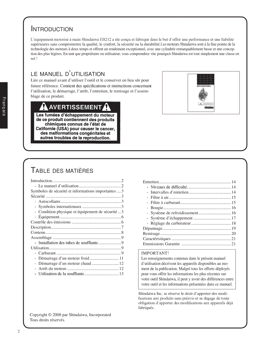 Shindaiwa EB212, 82051 manual Le manuel d’utilisation, Table des matières 