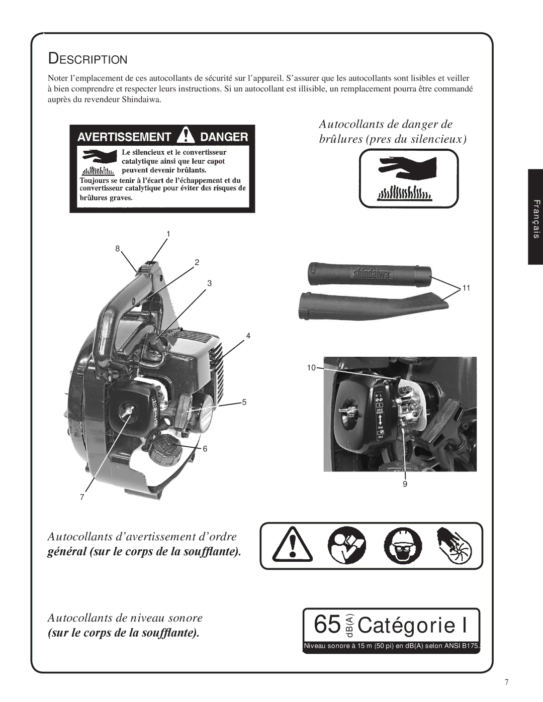 Shindaiwa 82051, EB212 manual Autocollants de niveau sonore, Sur le corps de la soufflante 