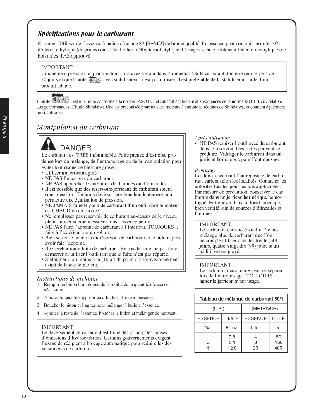 Shindaiwa EB212, 82051 manual Spécifications pour le carburant, Manipulation du carburant 