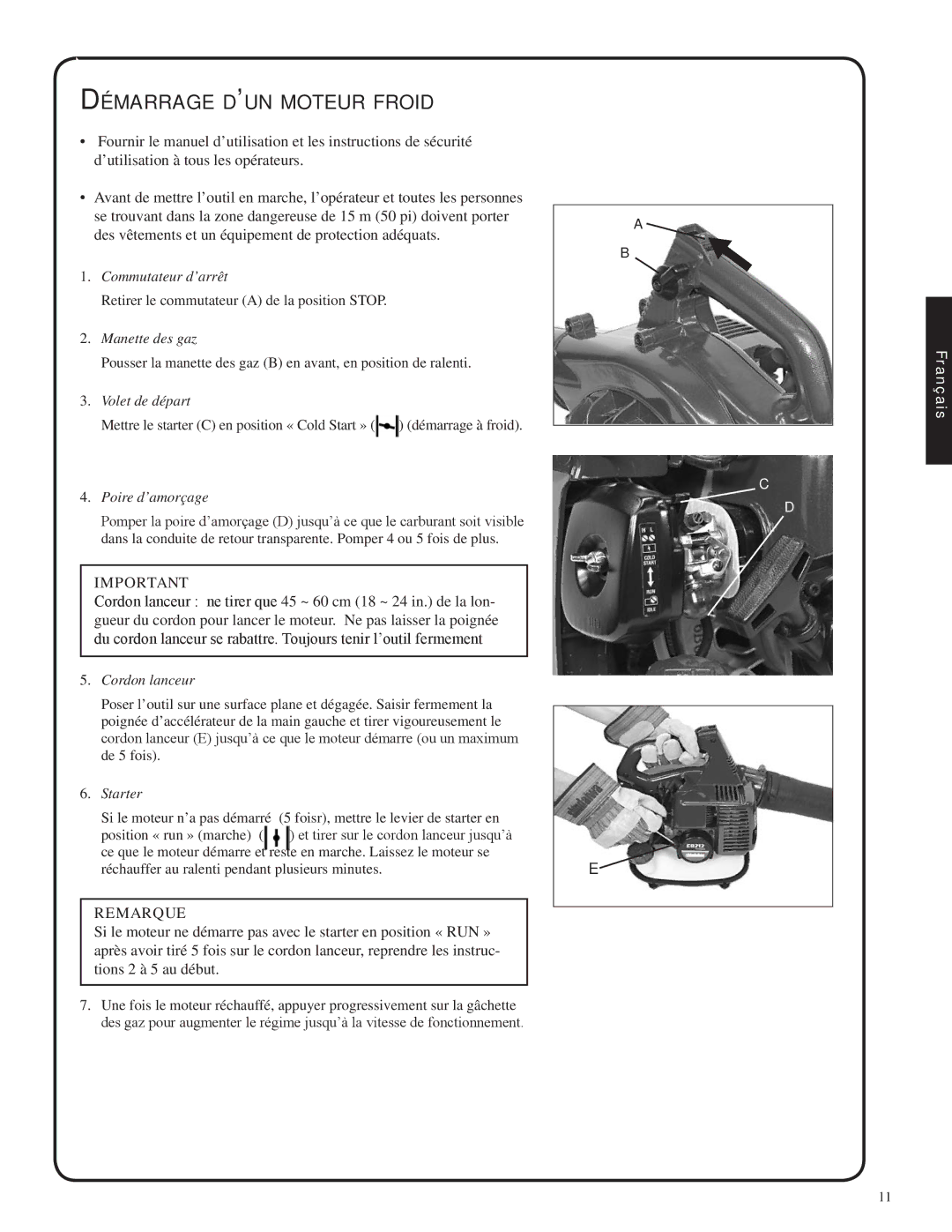 Shindaiwa 82051, EB212 manual Démarrage d’un moteur froid, Remarque 