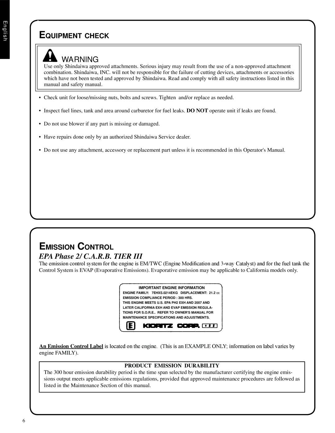 Shindaiwa EB212, 82051 manual EPA Phase 2/ C.A.R.B. Tier, Equipment check, Emission Control, Product Emission Durability 