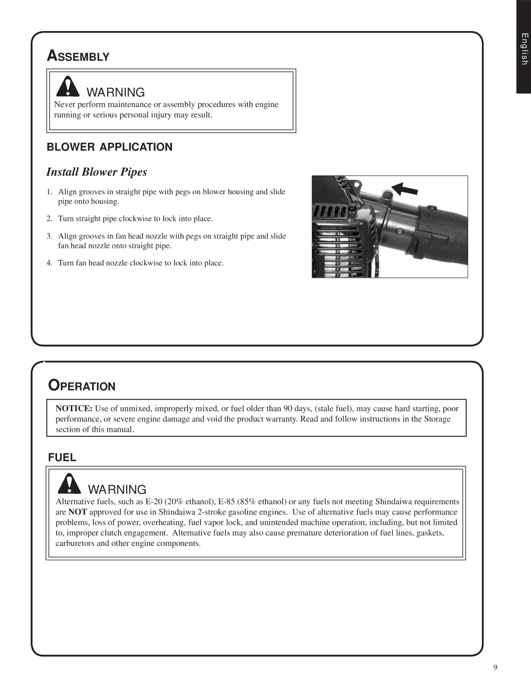 Shindaiwa 82051, EB212 manual Install Blower Pipes, Assembly, Blower application, Operation Fuel 