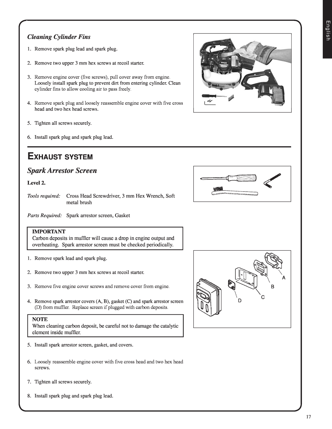 Shindaiwa 82051, EB212 manual Spark Arrestor Screen, Exhaust system, Cleaning Cylinder Fins, English 