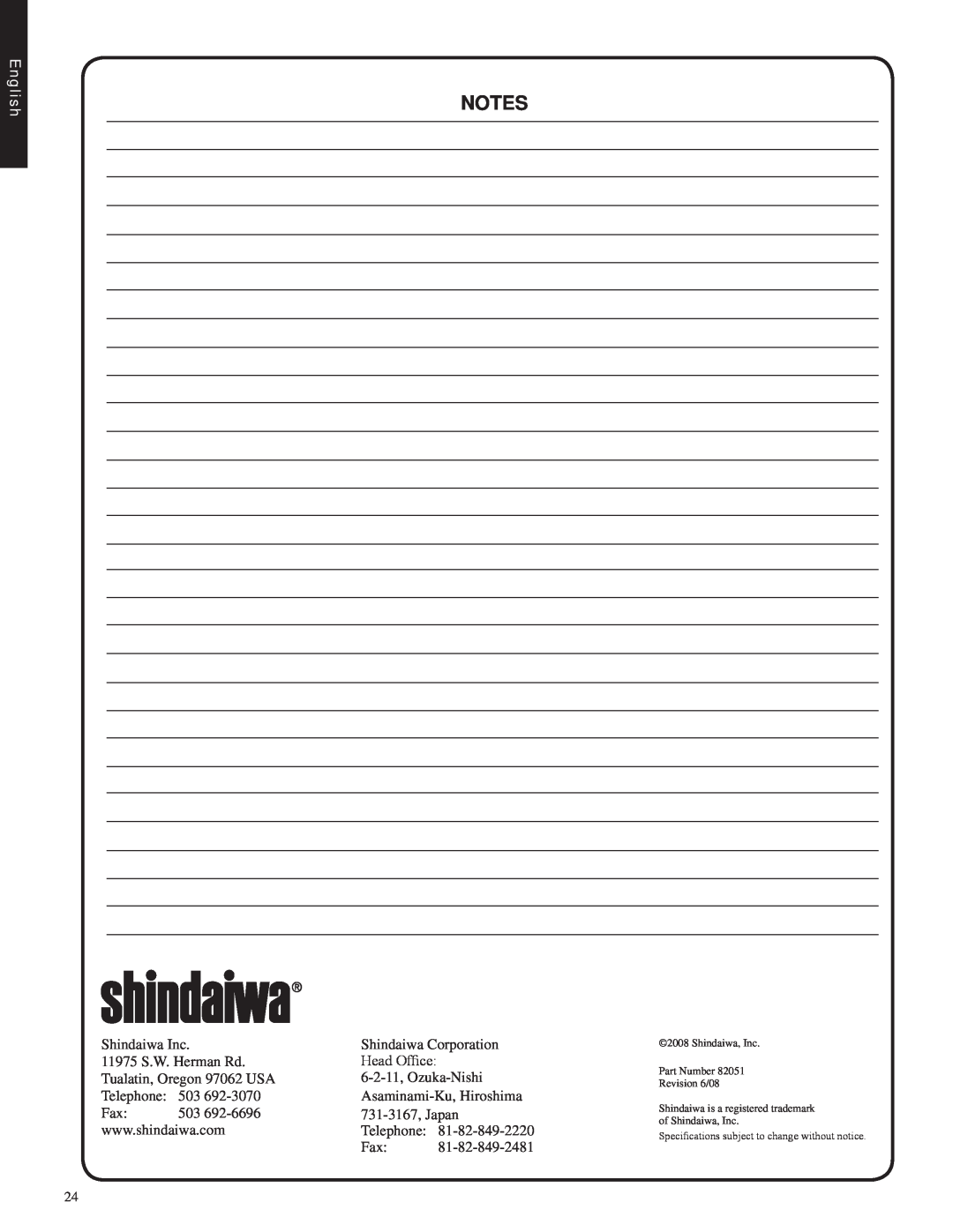 Shindaiwa EB212, 82051 manual notes, English, Shindaiwa Inc 