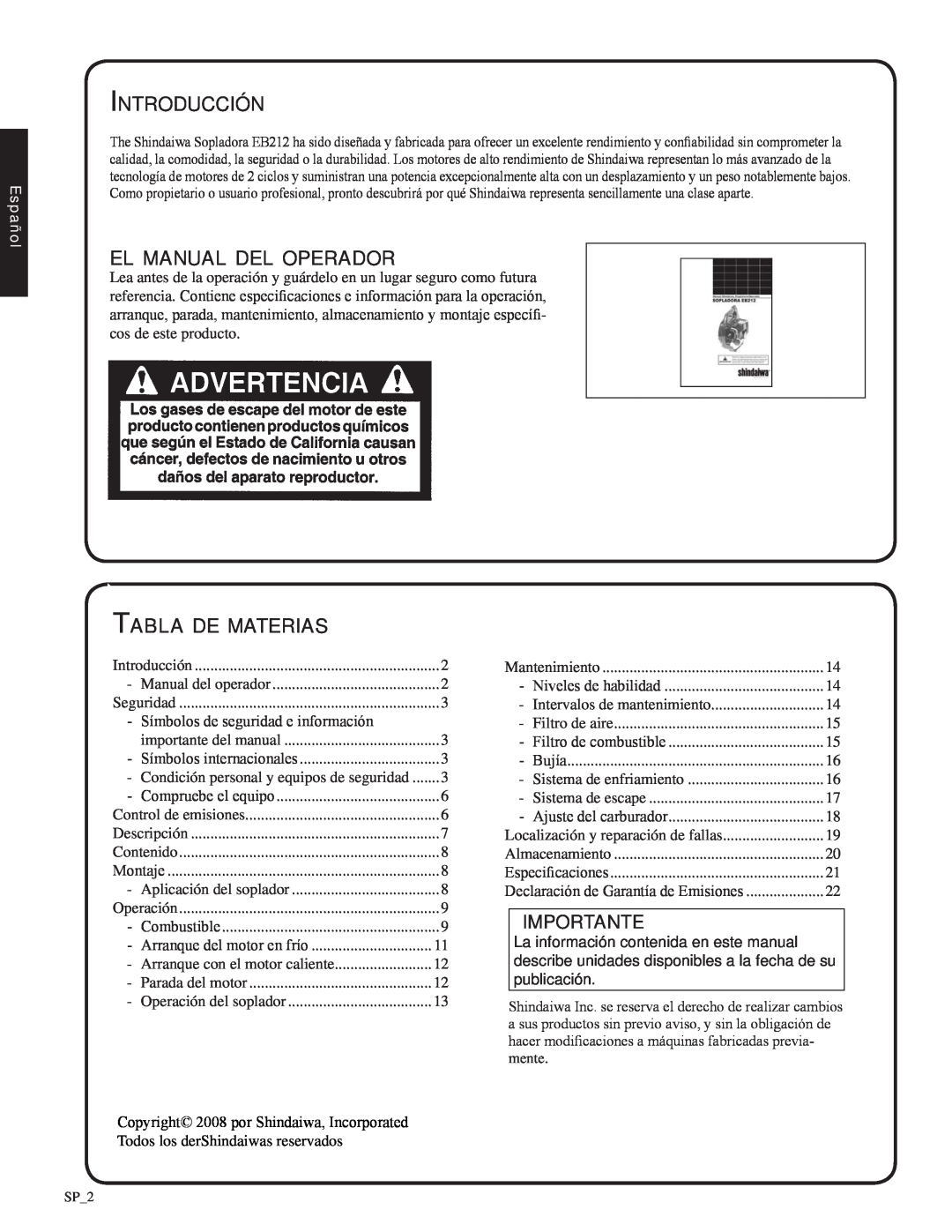 Shindaiwa EB212, 82051 Introducción, el manual del operador, Tabla de materias, Importante, Español 