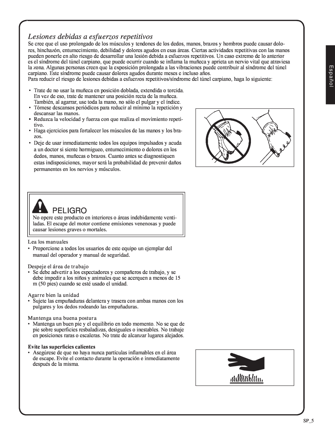 Shindaiwa 82051, EB212 manual Lesiones debidas a esfuerzos repetitivos, Peligro, Español 