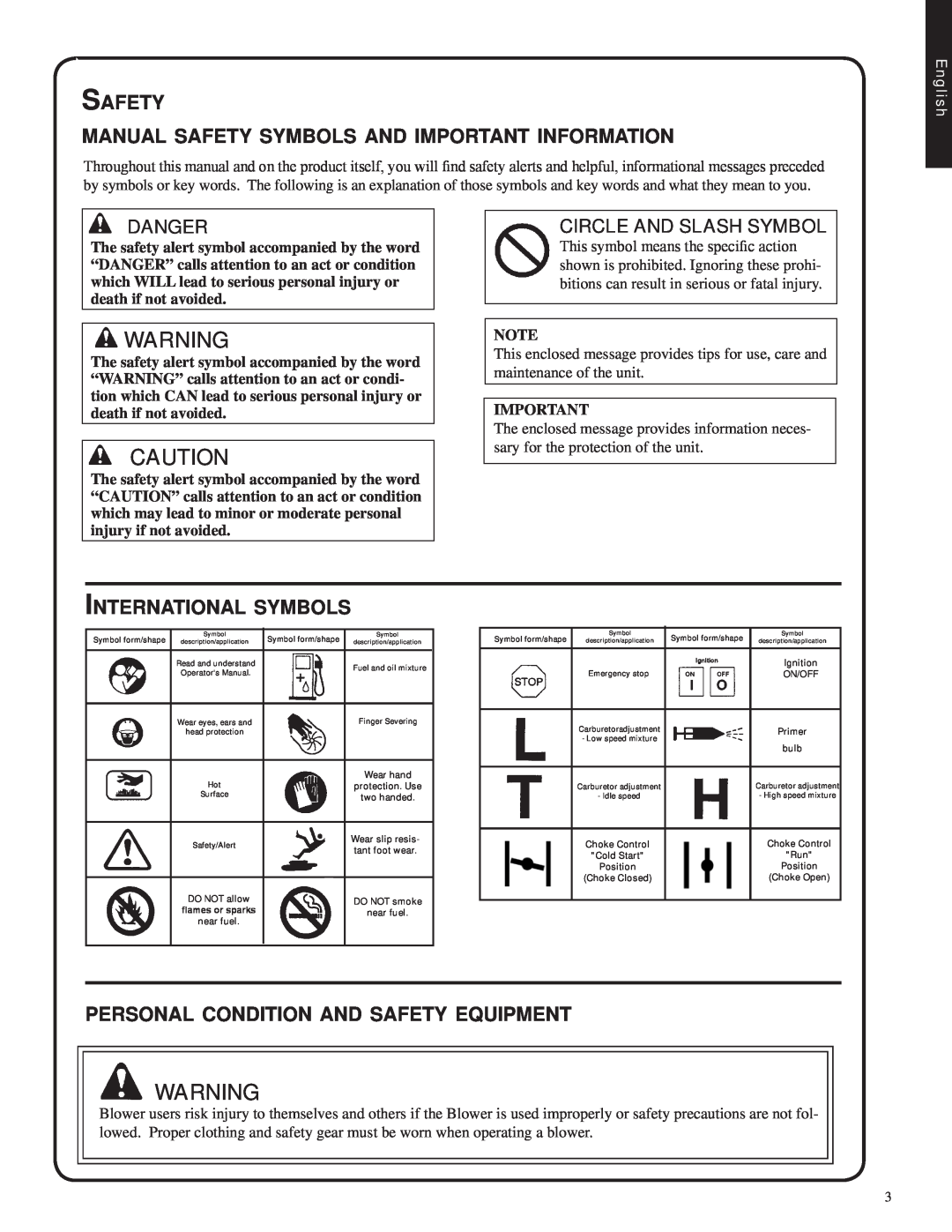 Shindaiwa 82051, EB212 Safety, manual safety symbols and important information, International symbols, Danger, English 