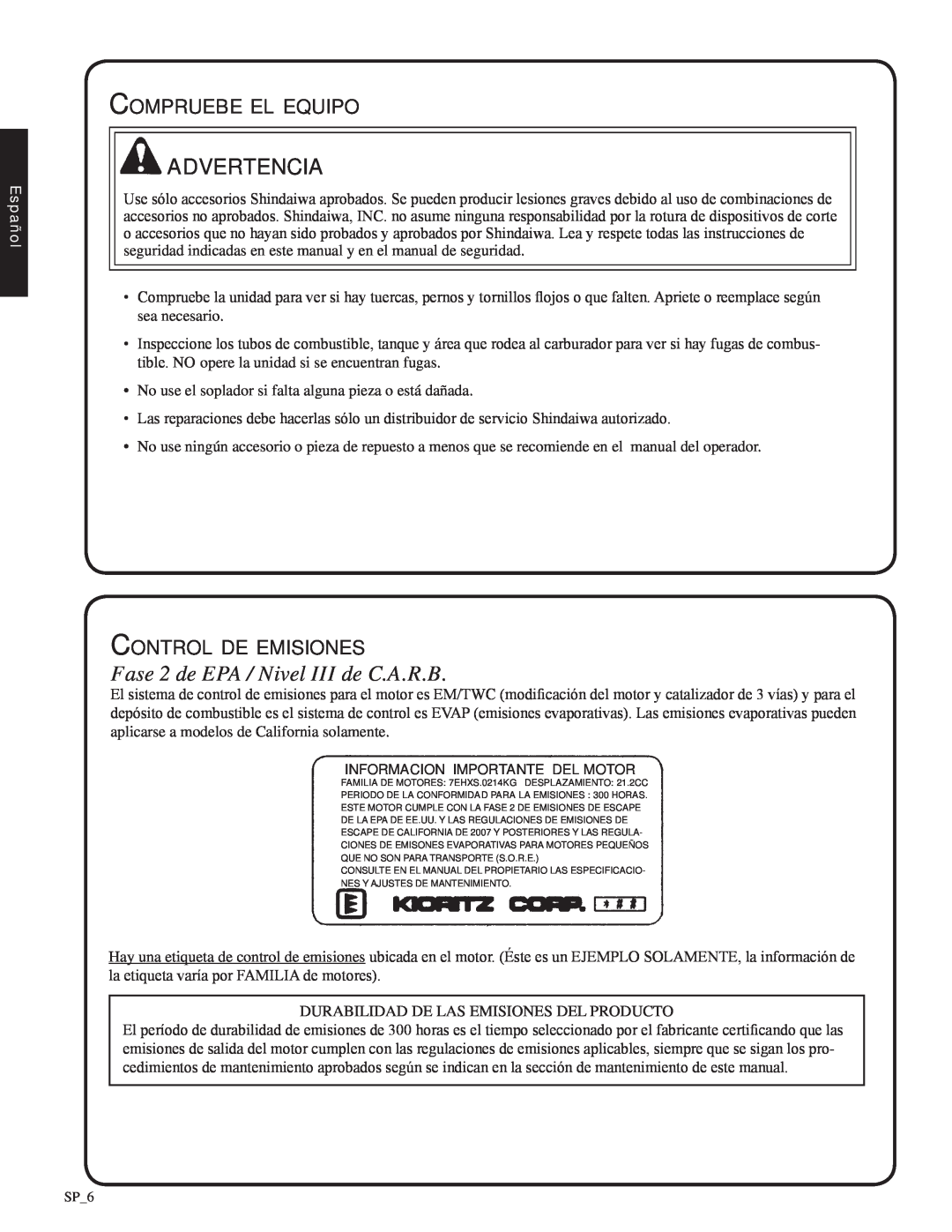 Shindaiwa EB212 Advertencia, Fase 2 de EPA / Nivel III de C.A.R.B, Compruebe el equipo, Control de emisiones, Español 