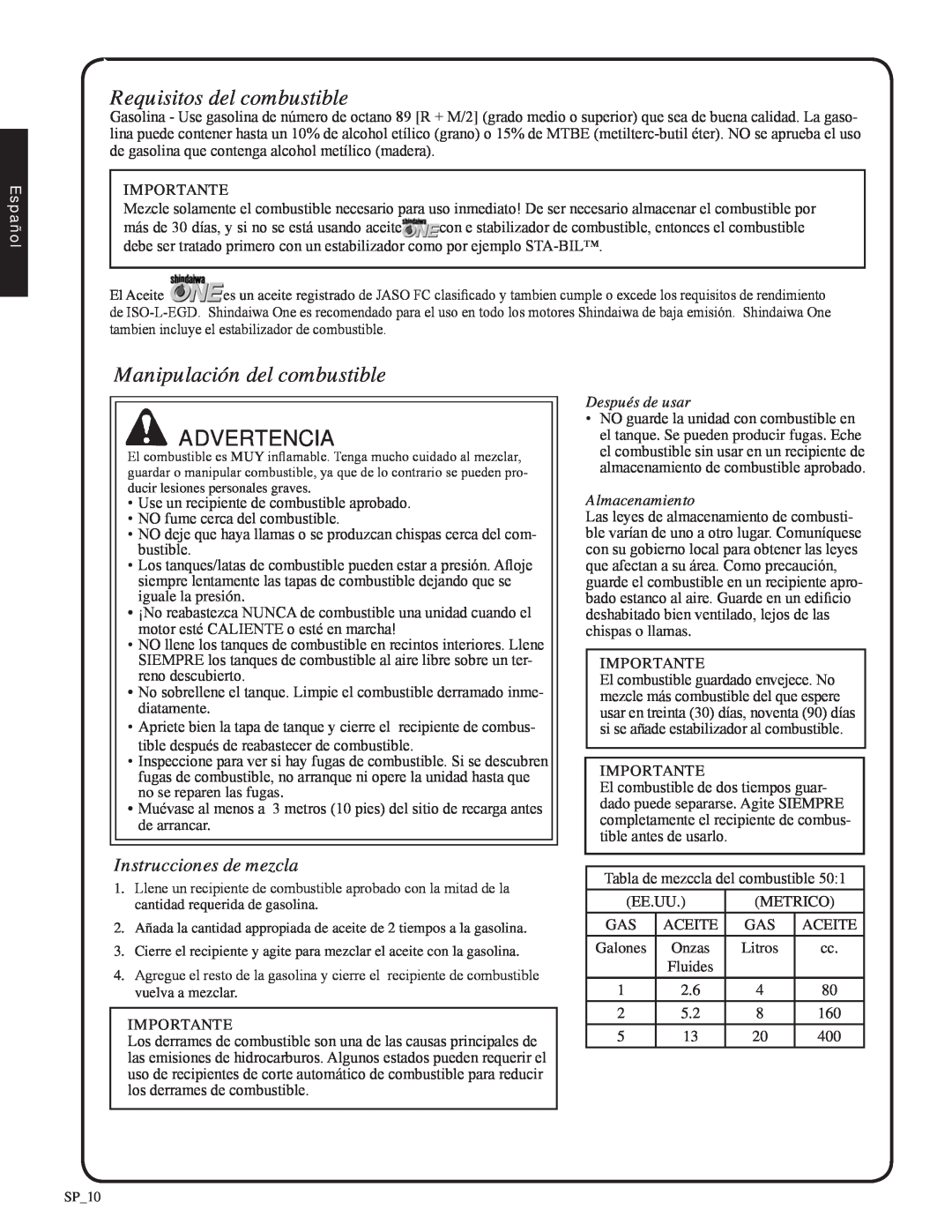 Shindaiwa EB212 Requisitos del combustible, Manipulación del combustible, Advertencia, Instrucciones de mezcla, Español 