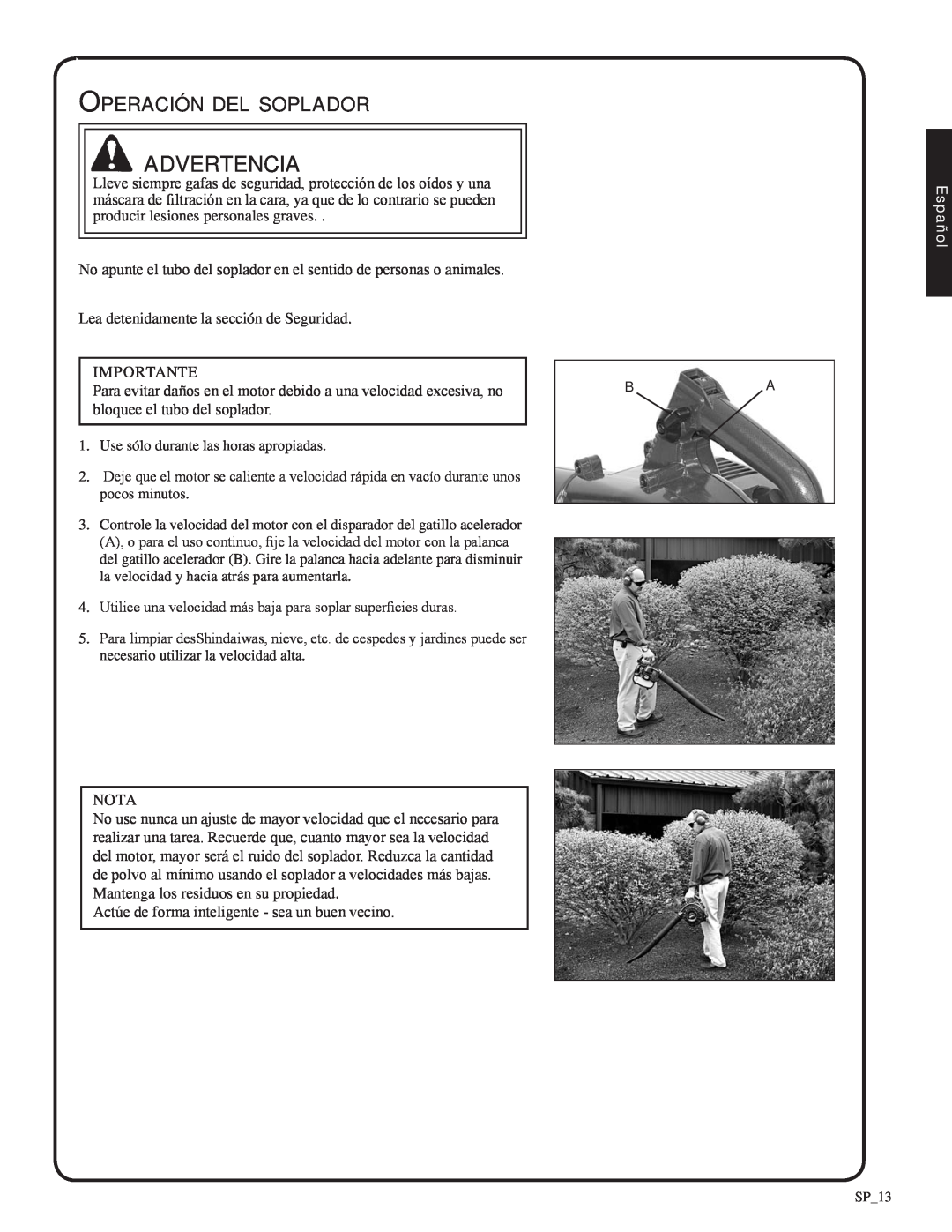 Shindaiwa 82051, EB212 manual advertencia, Operación del soplador, Español 