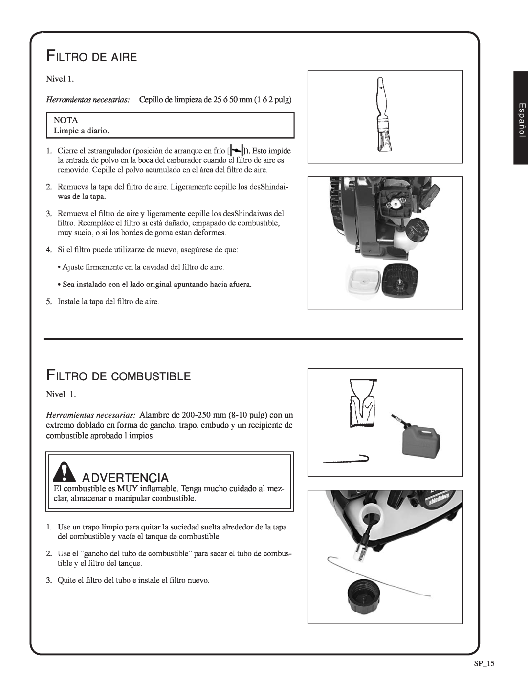 Shindaiwa 82051, EB212 manual advertencia, Filtro de aire, Filtro de combustible, Nivel, Nota, Español 