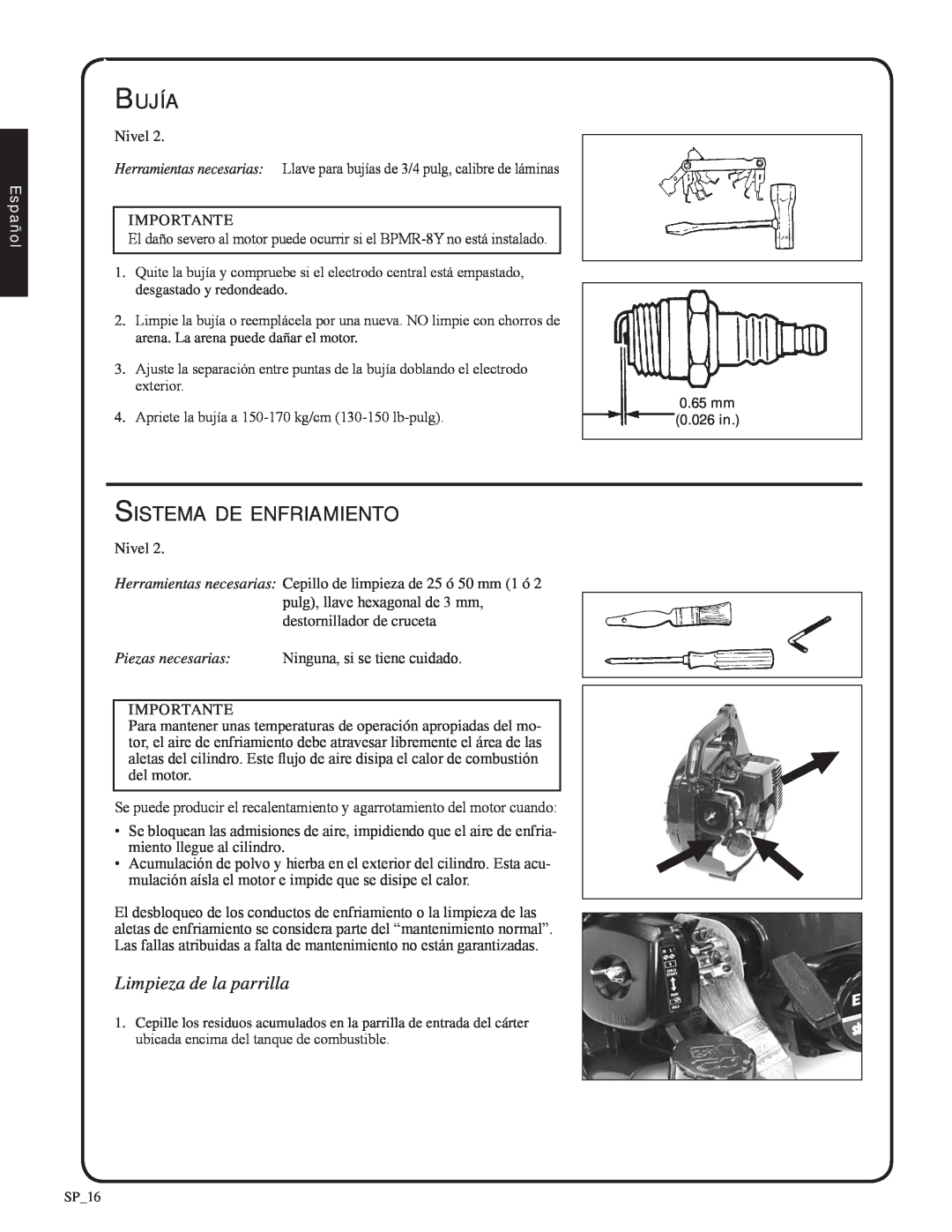 Shindaiwa EB212, 82051 manual Bujía, Sistema de enfriamiento, Limpieza de la parrilla, Español 