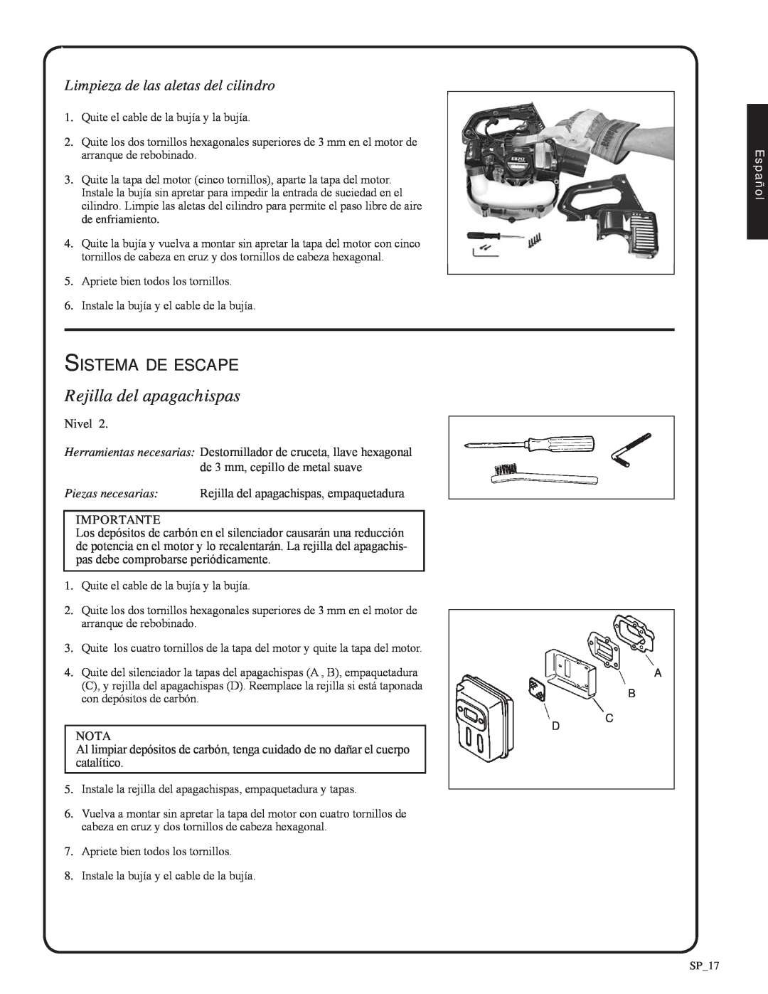 Shindaiwa 82051, EB212 manual Rejilla del apagachispas, Sistema de escape, Limpieza de las aletas del cilindro, Español 