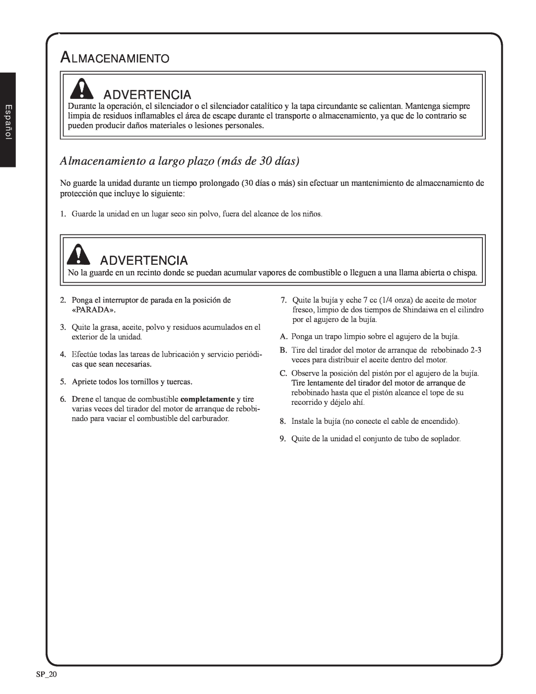 Shindaiwa EB212, 82051 manual Almacenamiento a largo plazo más de 30 días, advertencia, Español 