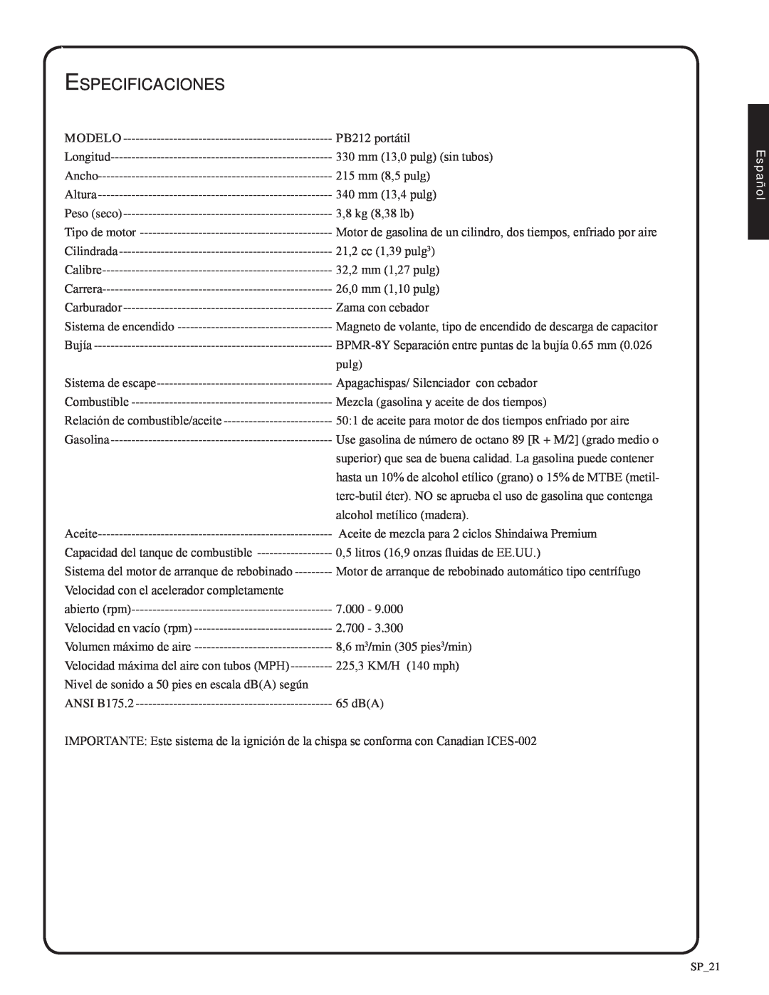 Shindaiwa 82051, EB212 manual Especificaciones, Modelo, Español 