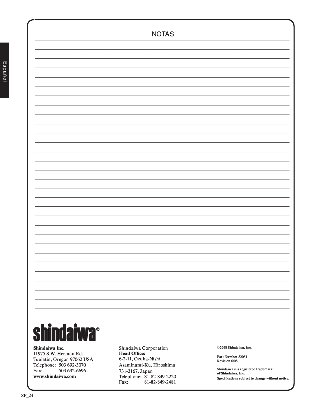 Shindaiwa EB212, 82051 manual notas, Español, Shindaiwa Inc 