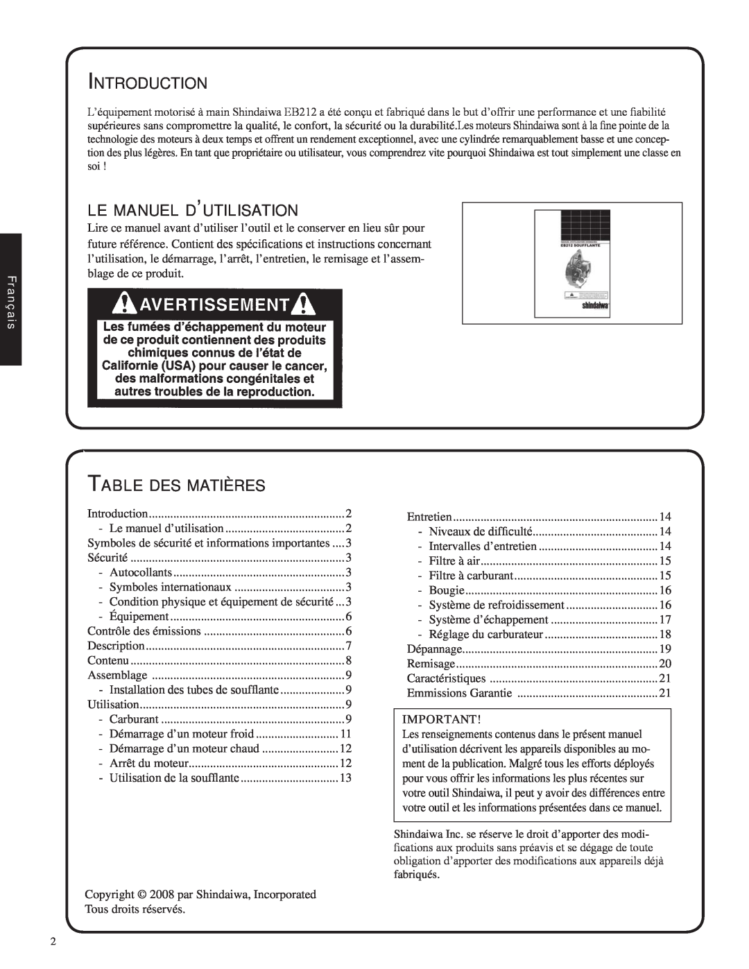 Shindaiwa EB212, 82051 manual Introduction, le manuel d’utilisation, Table des matières, Français 