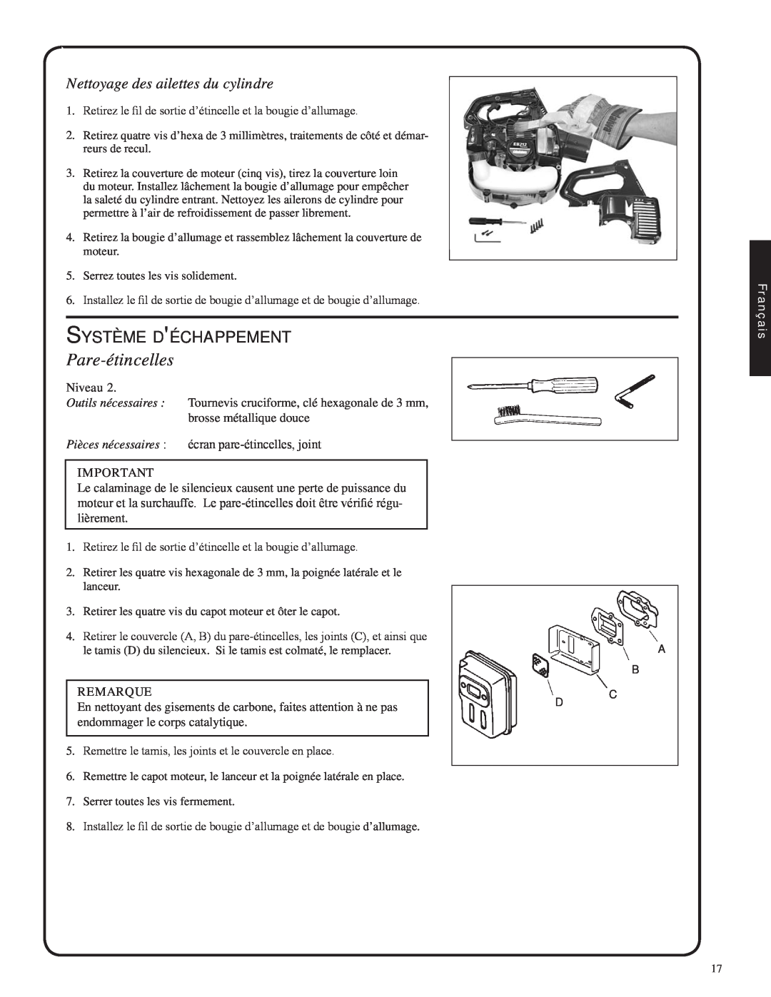 Shindaiwa 82051, EB212 manual Pare-étincelles, Système déchappement, Nettoyage des ailettes du cylindre 