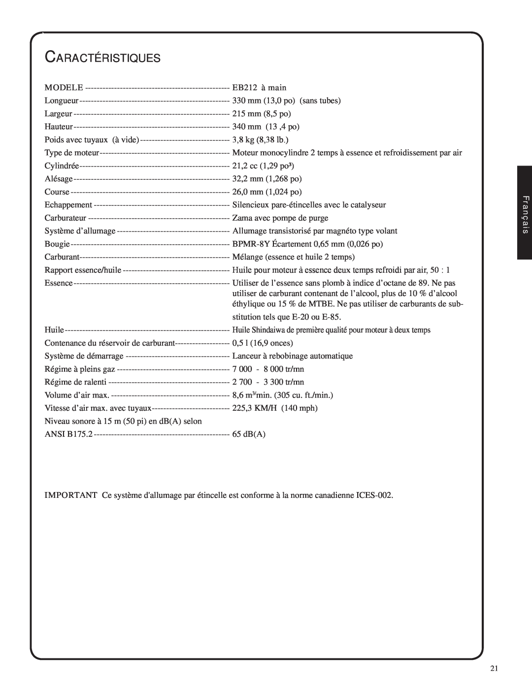 Shindaiwa 82051 manual Caractéristiques, Modele, EB212 à main, Français 