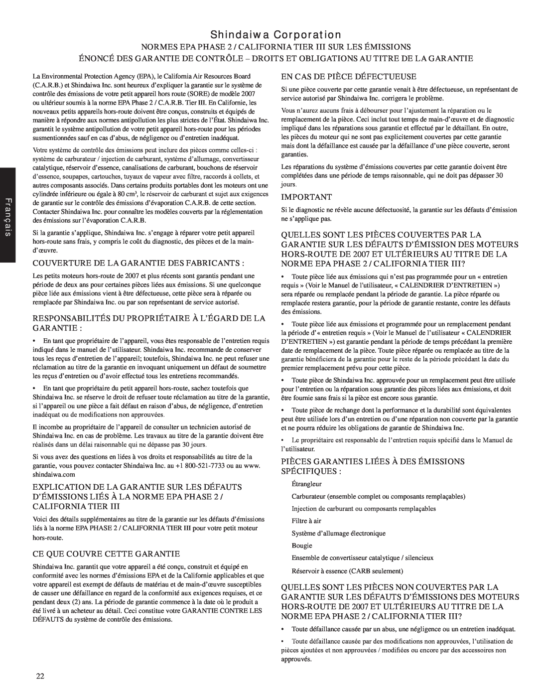 Shindaiwa EB212, 82051 manual Shindaiwa Corporation, Français, Couverture De La Garantie Des Fabricants 
