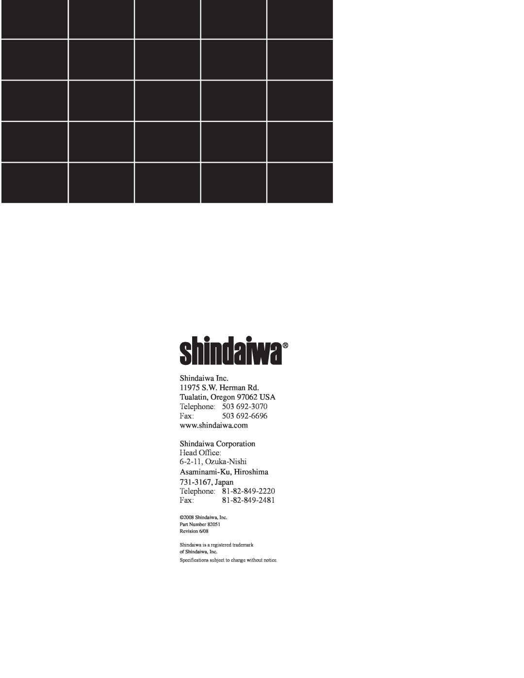 Shindaiwa EB212, 82051 manual Shindaiwa Inc 11975 S.W. Herman Rd 