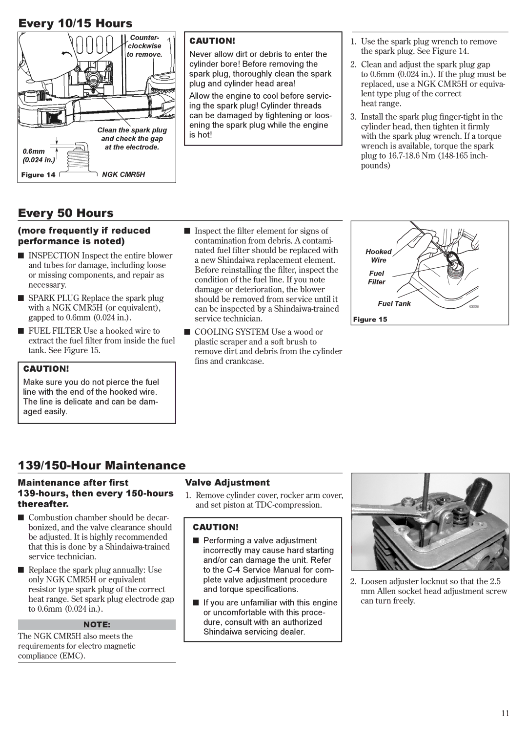 Shindaiwa EB3410/EVC, EB2510/EVC manual Every 10/15 Hours, Every 50 Hours, 139/150-Hour Maintenance, Valve Adjustment 