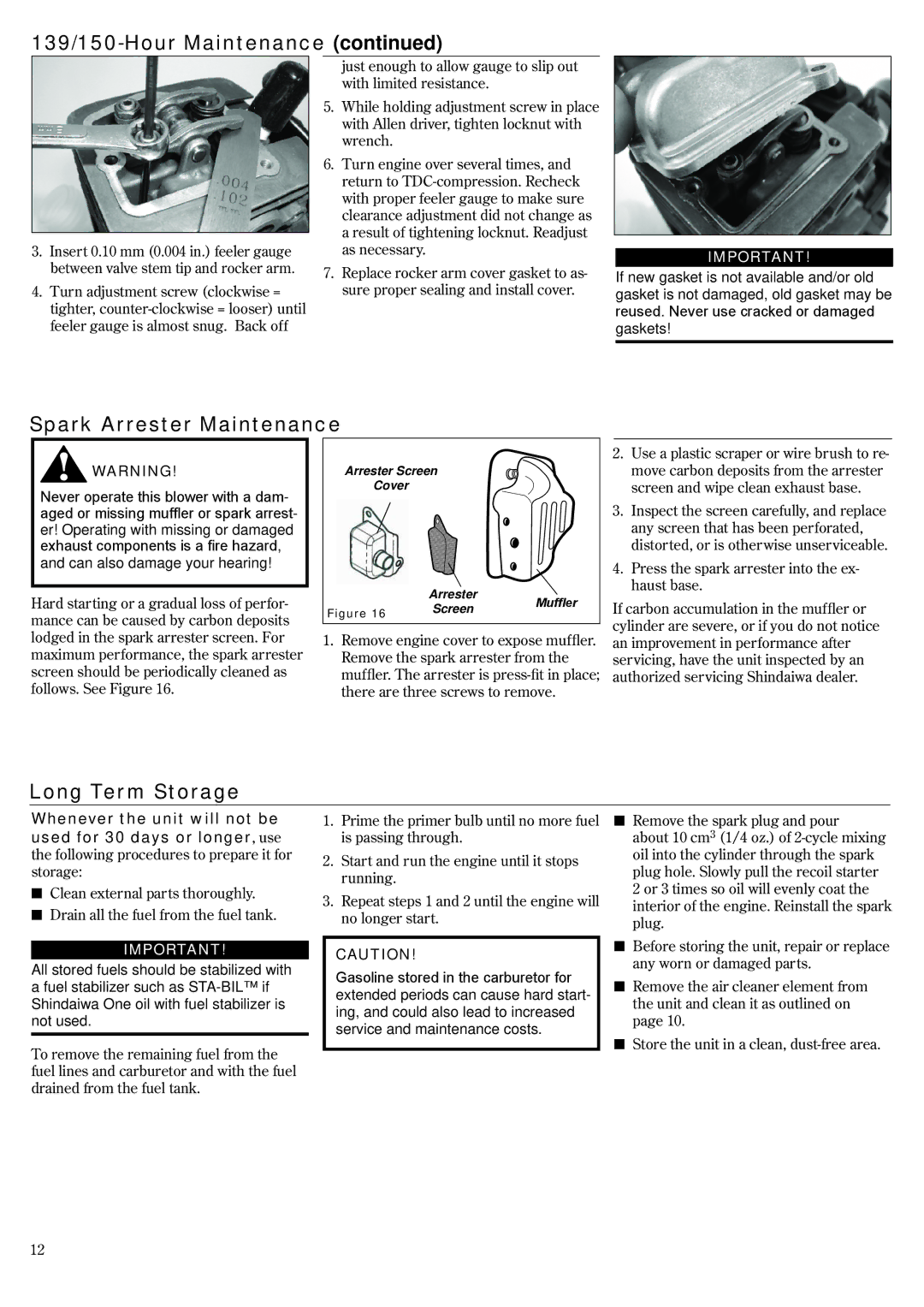 Shindaiwa EB2510/EVC, EB3410/EVC, 68907-94311 manual Spark Arrester Maintenance, Long Term Storage 