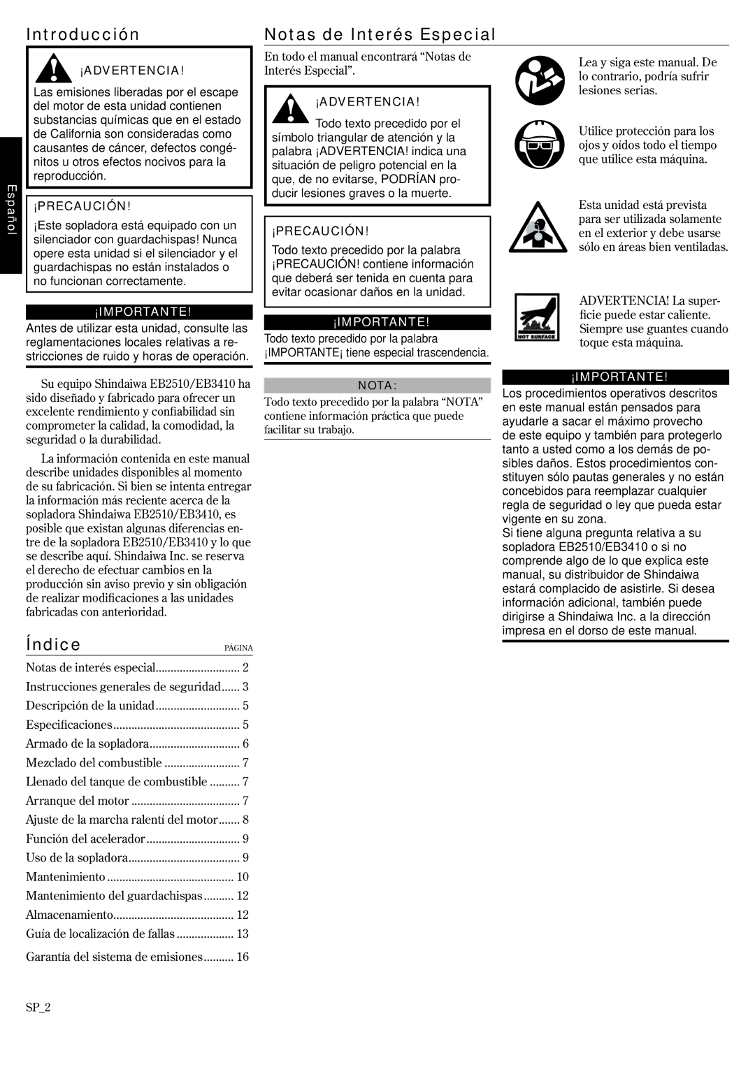 Shindaiwa EB3410/EVC, EB2510/EVC, 68907-94311 manual Introducción Notas de Interés Especial, Índice, ¡Importante 