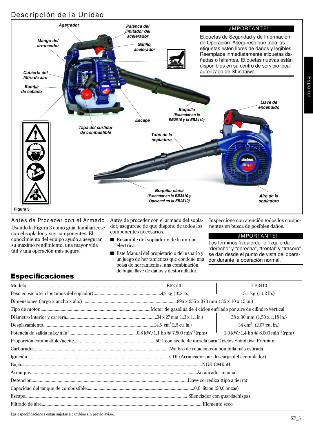 Shindaiwa EB3410/EVC, EB2510/EVC manual Descripción de la Unidad, Especificaciones, Antes de Proceder con el Armado 